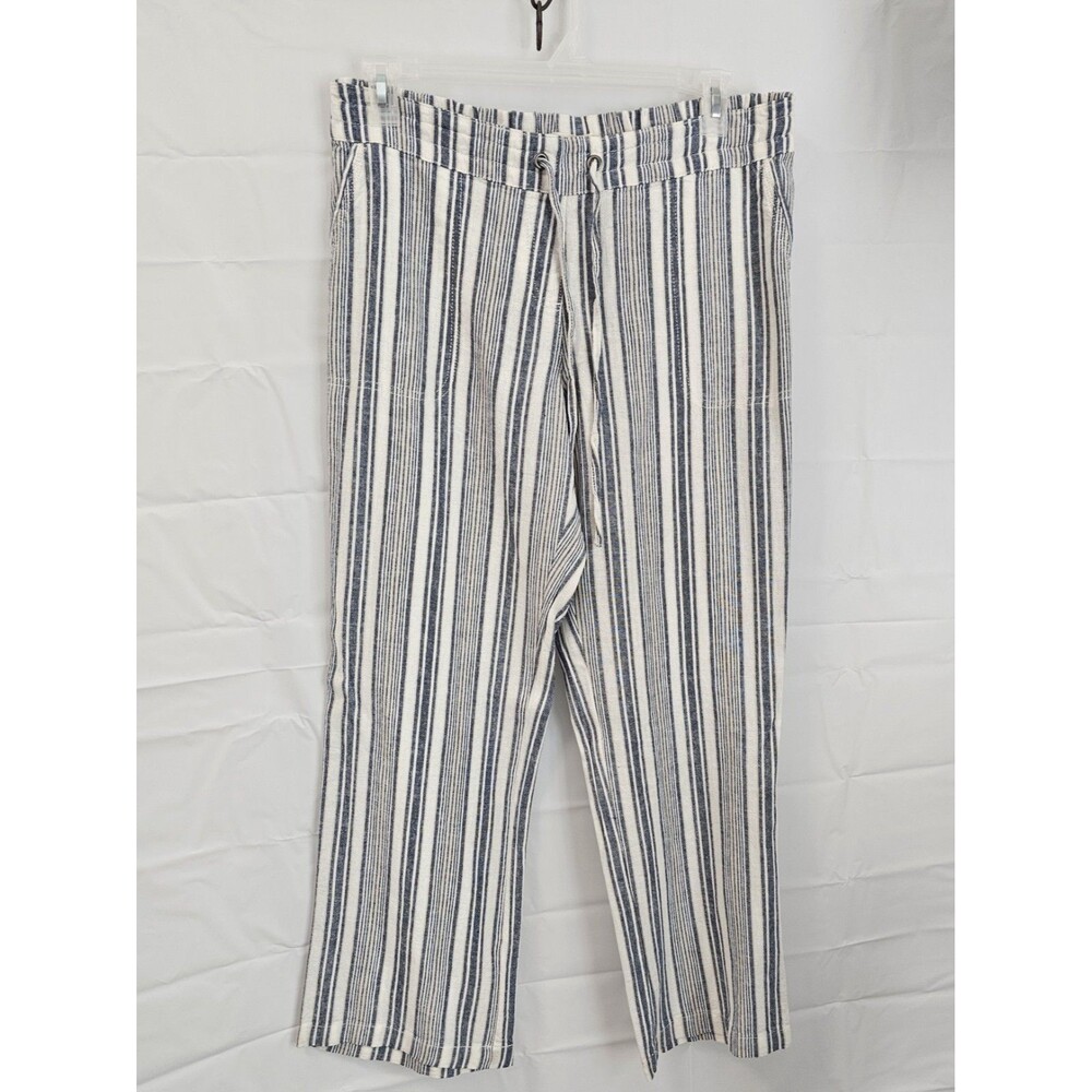Per Se Womens Striped Linen Pants L Wide Leg Drawstring Summer Coastal Beachy